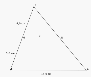 Trekant ABC og linjestykket MN som deler trekanten i to. Lengden til MN er x. AM er 4,0 cm og BM er 5,0 cm.